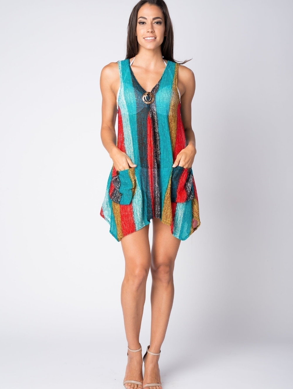 Paradise Multi Color Striped Swim Cover Up Tunic Ring Detail w/ Pockets Size L